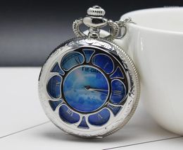 Pocket Watches Silver Sunflower Hollow Out Roman Number Star Face Men And Woman Quartz Pendant Good Quality Necklace Gift