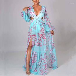 Casual Dresses 2023 Fashion Women Summer Dress Long Lantern Sleeve Floral Print O-Ring Twist Cutout Split Thigh Maxi