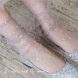 Women Socks Girl Crystal Silk Summer Stars Moon Pattern Transparent Thin Female Long Harajuku Lace Mesh