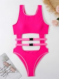 Women's Swimwear Tummy Cut Out With Belt High Neck Women One Piece Swimsuit Female Padded Bather Bathing Suit Swim Lady K4117