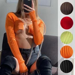 Women's T Shirts Solid Colour Knitted Crop Tops Sexy Front Open Connect Long Sleeve Low-Cut V-Neck Slim Wild Stylish Ribbed Basic