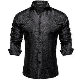 Men's Casual Shirts Men's Long Sleeve Black Paisley Silk Dress Shirts Casual Tuxedo Social Shirt Luxury Designer Men Clothing 230309