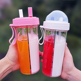 Water Bottles A Cup of Dual-use Children's Double Straw Water Cup Cute Creative Handy Double Drinking Cup 230309
