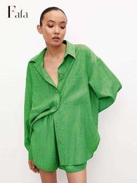 Women's Tracksuits 2022 Summer Casual Women's Shorts Suits Green Cotton Linen Loose Two Pieces Sets Oversized Long Sleeve Shirt And Shorts Outfits L230309