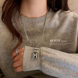 Pendant Necklaces Titanium Steel Oil Dripping Letter Square T-shaped Buckle Black And White Lattice Temperament Fashion Metal Cold Wind Neck