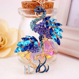 Keychains RE Charm Double Flamingo Bird Key Chain Trinket Crystal Rhinestone Keychain Bag Pendant Car Keyrings For Women J3030