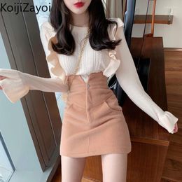 Work Dresses Koijizayoi Fashion Women Two Pieces Set Ruffles Sweater Solid Lady O Neck Pullover High Waist Mini Short Skirt Korean Outfits