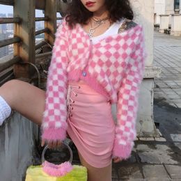 Women's Knits Tee's Tees Pink and White Cheque Cardigan Sweater Women Fuzzy Mohair Crop Knit Long Sleeve HeartShape Button Soft Girl Aesthetic 230308