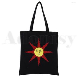 Shopping Bags Dark Souls Game Black Canvas Tote Bag Printed Cartoon Reusable Cloth Praise The Sun Art Handbag Shoulder Custom
