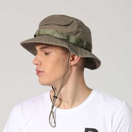 Wide Brim Hats Outfly Men Bucket Hat American Shade Bob Hat Adjustable Outdoor Camping Panama Fishing Hiking Jungle Hat with Wind Rope Cord R230308