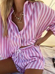 Women's Tracksuits 2022 Loungewear Stripe Tracksuit Women Two Piece Shorts Set Casual Long Sleeve Shirt Tops And Loose High Waist Mini Shorts Suits L230309