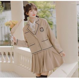 Work Dresses Japanese Girl JK Uniform Set Fall Women Long Sleeve Suit Collar Embroidered Coat Top Shirt Stitching Pleated Dress Autumn