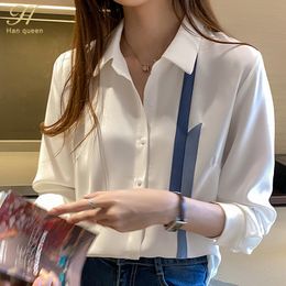 Women's Blouses Shirts H Han Queen Blouse Women Spring Autumn Single Breasted Turn-down Collar Shirts Office Work Blouse Chiffon Vintage Loose Tops 230309