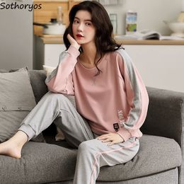 Women's Sleepwear Plus Size M-5XL Women Pajama Sets O-neck Print Panelled Ulzzang Oversize Soft Sleepwear Long Sleeve Tops Spring Two Piece Set 230309