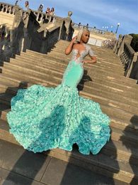 Mint Green Sheer O Neck Long Prom Dress For Black Girls Beaded Appliques Birthday Party Gowns Ruffles Evening Dresses Mermaid