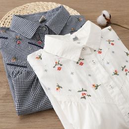 Women's Blouses Shirts Flowers embroidery plaid white cotton long sleeve shirt blouse mori girl 230309