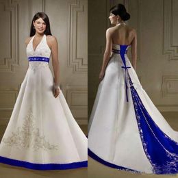 Vintage Satin A Line Wedding Dresses White And Royal Blue Halter Embroidery Chapel Train Corset Custom Made Bridal Wedding Gowns