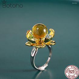 Cluster Rings S925 Sterling Silver Blue Amber Women's Ring Rotatable Lotus Flower Double Colors Electroplated Elegant Trendy Gift Fine