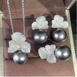 Prezioso fiore perla gioielli con diamanti set 100% vero argento sterling 925 anelli di fidanzamento orecchini collana per gioielli da donna