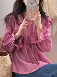 Women's Blouses Shirt Woman Korean Chic Spring Retro Round Neck Wrinkled Ruffled Stitching Loose All-match Thin Flared-sleeved Women