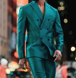 Men's Suits & Blazers Fashion Design Green Satin Peaked Lapel Double Breasted Customised Made Handsome Suit For Wedding Slim Fit Party Wear