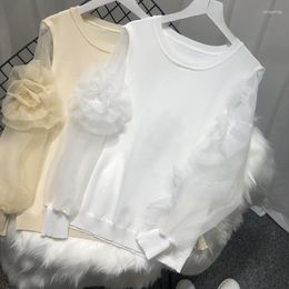 Women's Sweaters Korean Women Organza Sleeve Female 3D Flower Deco Knitted Pullovers Lady Spring Transparent Tops