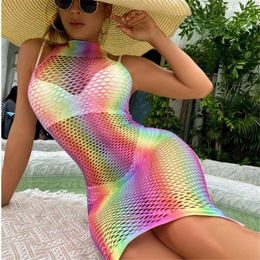 Casual Dresses Summer Slips Women Mesh Net Hollow Out Colourful Sexy Intimate Erotic Dress