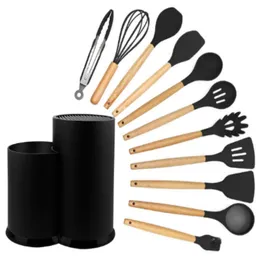 New Best Silicone Cooking Utensil Set Wooden Handle Spatula Soup Spoon Brush Ladle Pasta Colander Non-stick Cookware Kitchen Tools