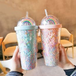 Tumblers Reusable Plastic With Dome Lids Bubble Rainbow Decor 2 Layer Cups 550ml Straw Double Wall Bottle Cup CLH 8 230308