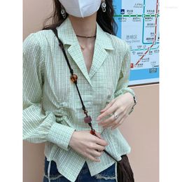 Women's Blouses HOUZHOU Harajuku Green Plaid Shirts Long Sleeve Beautiful Women's Blouse Aesthetic Y2k Korean Fashion Vintage Shirt