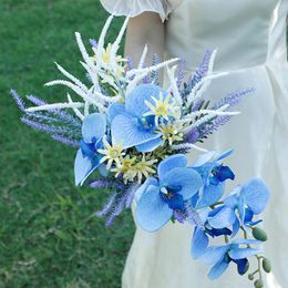 Decorative Flowers Elegant Lavender Phalaenopsis Bride Holding Hand Tied Bouquet Wedding Bridal Bouquets DIY Home Decoration Arrangement
