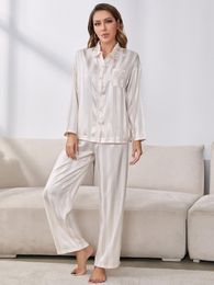 Women's Sleepwear Pyjama Set Women's Striped Silky Satin Pijamas Long Sleeves Sleepwear 2 Pieces Women Loungewear Underwear Home Clothes Nightwear 230309
