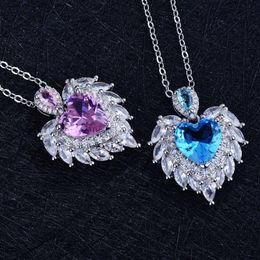 Pendant Necklaces Fashion Luxury Temperament Design Angel Wing Simulated Aquamarine Heart Necklace For Women Fine Jewellery Wholesale