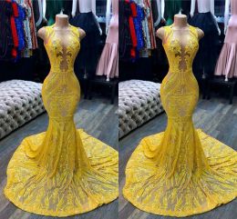 Yellow Evening 2023 Dresses Sleeveless Mermaid Illusion Bodice Sequins Jewel Neck Floor Length Plus Size Pleats Prom Gown Formal Custom Vestidos