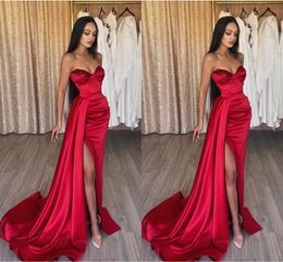 Mermaid Sexy Red Prom Dresses Sweetheart Sequined Draped High Side Split Sweep Train Formal Evening Pageant Birthday Party Gowns Custom