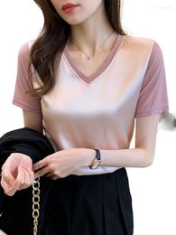 Women's T Shirts Summer Women Short Sleeve Silk Simple Satin Tees V Neck Tops