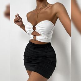 Casual Dresses Wsevypo Sexy Black White Spliced Strapless Mini Wrap Dress Summer Women Off Shoulder Hollow Out High Waist Ruched Pleated