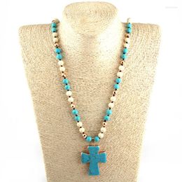 Pendant Necklaces Fashion Bohemian Tribal Jewelry Magnetic Beads Semi Precious Stones Long Knotted Stone Cross Ethnic Necklace