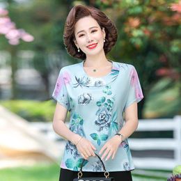 Women's T Shirts Summer Flower O-Neck Shirt Middle Age Women Clothes 3XL 4XL Casual Loose Soft Mother Short Sleeve Top Silk Like Pullover