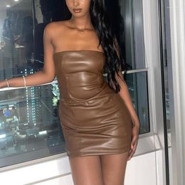Casual Dresses Pu Leather Strapless Sleeveless Backless Sexy Maxi Dress 2023 Fall Winter Women Streetwear Outfits Party Club Y2K