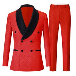 Men's Suits Mens Red Double Breasted Floral Jacquard Tuxedo Shawl Collar Slim Fit Wedding Party Dinner Prom Stylish Suit Costume Homme