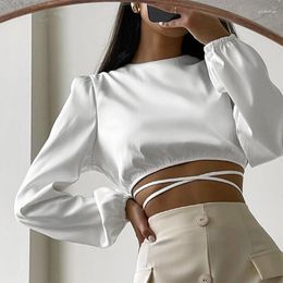 Women's Blouses White Waist Tie Bandage Sexy Backless Women Autumn O-Neck Office Lady Shirts Long Sleeve Chic Cropped Tops 2023