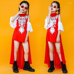 Стадия носить китайский стиль одежда хип -хоп для девочек красные наряды джазовые танце