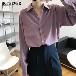 Women's Blouses Shirts BGTEEVER Vintage Purple Shirts Blouses Women Autumn Turn-down Collar Single-breasted Long Sleeve Shirts Female Tops Blusas 230309