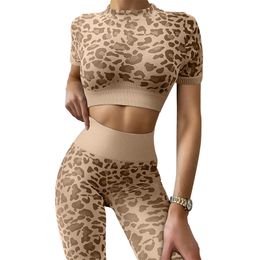 Yoga Outfits Leopard Print Sport Gym Set Sportwear Two Piece Set Top and Pants Fitness Short Suits Workout Clothes for 230308