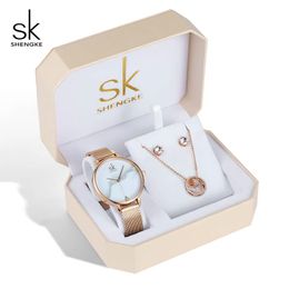 Wristwatches Shengke Women Watches Set Luxury Crystal Earrings Necklace 2023 SK Ladies Quartz Watch Gifts For