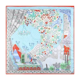 Manual Hand Rolled Twill Silk Scarf Women Scenery Outside The Window Printing Square Scarves Echarpes Foulards Femme Wrap Bandana Hijab 90CM*90CM