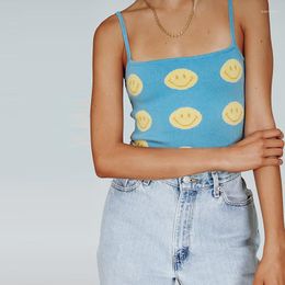 Women's Tanks 2023 Summer Clothes For Women Smile Print Baby Blue Knit Camis Cute E Girls 2000s Aesthetic Crop Tank Top Fashion Sweet Y2k