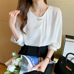 Women's Blouses QOERLIN Office Wear Women 2023 Summer Half Sleeve Pearl Loose Casual White Chiffon Blouse Korean Fashion Trends Pullovers