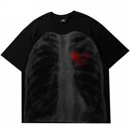 Men's T-Shirts Men Streetwear T-Shirt Hip Hop X-Ray Chest Letter Print T Shirt Harajuku Cotton Casual Tshirt Summer Short Sleeve Tops Tees G230309